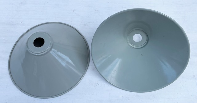 Enamel metal cone shaped small light shades in grey, 2 available, 250mm diam, opening 25mm (L459) $20 each salvaged vintage recycled, demolition, reproduction, restoration, home renovation secondhand, used , original, old, reclaimed, heritage, antique, victorian, art nouveau edwardian georgian art deco