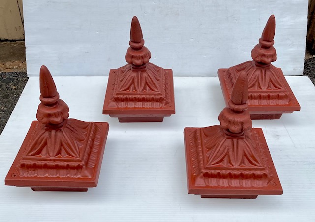 Four original cast iron gate post tops,blasted and primed, 190 x 190mm, height 315mm (G73) $155 each salvaged vintage recycled, demolition, reproduction, restoration, home renovation secondhand, used , original, old, reclaimed, heritage, antique, victorian, art nouveau edwardian georgian art deco