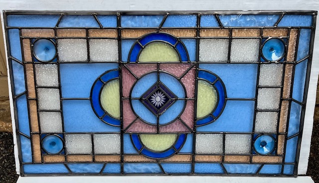 Detail of geometric leadlight with etched glass centre, soft pink, blue, yellow, green, 850 x 498mm (LL381 FOZI) $645 salvaged vintage recycled, demolition, reproduction, restoration, home renovation secondhand, used , original, old, reclaimed, heritage, antique, victorian, art nouveau edwardian georgian art deco