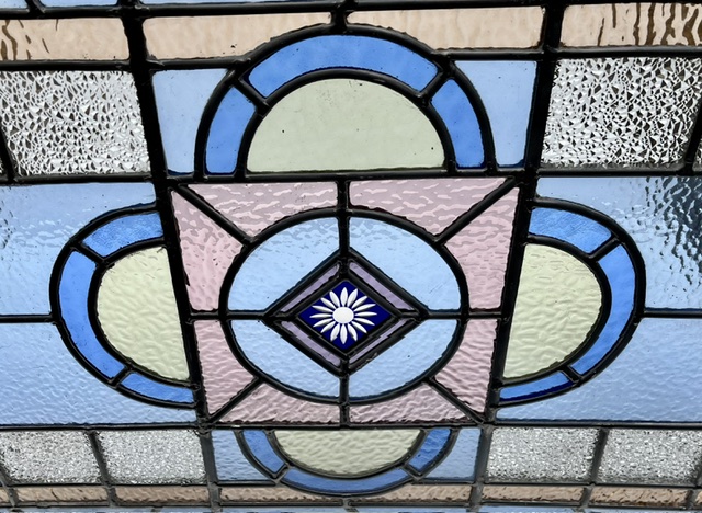 Detail of geometric leadlight with etched glass centre, soft pink, blue, yellow, green, 850 x 498mm (LL381 FOZI) $645 salvaged vintage recycled, demolition, reproduction, restoration, home renovation secondhand, used , original, old, reclaimed, heritage, antique, victorian, art nouveau edwardian georgian art deco