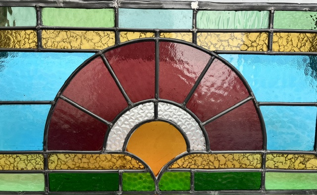 Detail of richly coloured geometric leadlight with textured glass, red, aqua, green, orange and yellow, W 720 x H 330mm (LL386 FOZI) $345 salvaged vintage recycled, demolition, reproduction, restoration, home renovation secondhand, used , original, old, reclaimed, heritage, antique, victorian, art nouveau edwardian georgian art deco