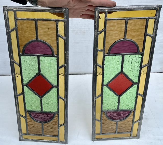 Petite pair of geometric original leadlight panels, each panel is H 455 x W 170mm (LL388 FT) $380 pair salvaged vintage recycled, demolition, reproduction, restoration, home renovation secondhand, used , original, old, reclaimed, heritage, antique, victorian, art nouveau edwardian georgian art deco