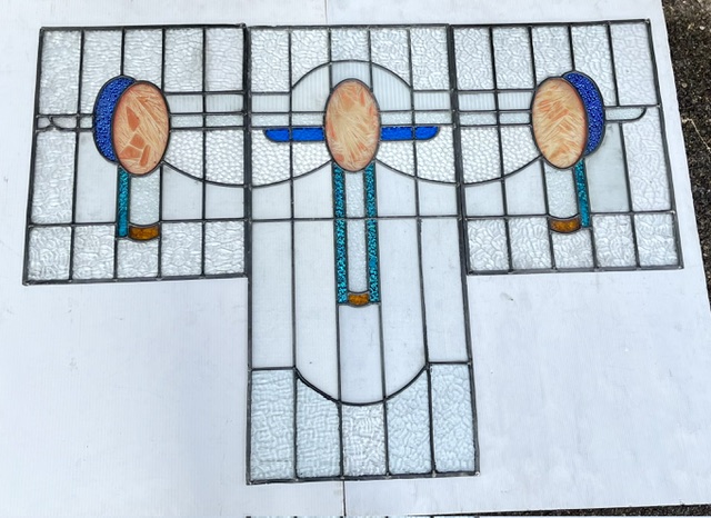 Art Deco original 3 panel leadlight in apricot and shades of blue, centre panel H 760 x W 355mm, 2 side panels H 450 x W 355mm each (LL387 FT) $685 set salvaged vintage recycled, demolition, reproduction, restoration, home renovation secondhand, used , original, old, reclaimed, heritage, antique, victorian, art nouveau edwardian georgian art deco