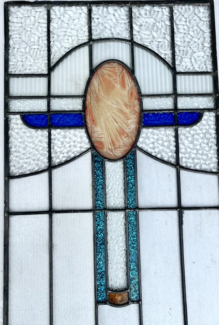 Detail of centre panel of Art Deco original 3 panel leadlight in apricot and shades of blue, centre panel H 760 x W 355mm, 2 side panels H 450 x W 355mm each (LL387 FT) $685 set salvaged vintage recycled, demolition, reproduction, restoration, home renovation secondhand, used , original, old, reclaimed, heritage, antique, victorian, art nouveau edwardian georgian art deco