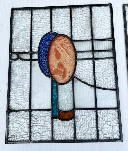 Detail of side panels of Art Deco original 3 panel leadlight in apricot and shades of blue, centre panel H 760 x W 355mm, 2 side panels H 450 x W 355mm each (LL387 FT) $685 set salvaged vintage recycled, demolition, reproduction, restoration, home renovation secondhand, used , original, old, reclaimed, heritage, antique, victorian, art nouveau edwardian georgian art deco