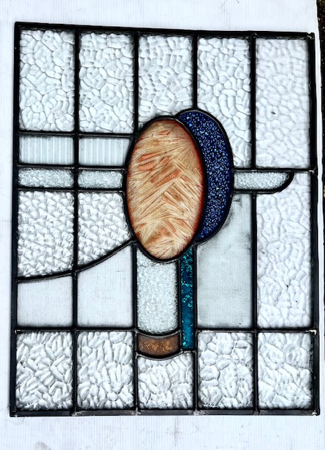Detail of side panels of Art Deco original 3 panel leadlight in apricot and shades of blue, centre panel H 760 x W 355mm, 2 side panels H 450 x W 355mm each (LL387 FT) $685 set salvaged vintage recycled, demolition, reproduction, restoration, home renovation secondhand, used , original, old, reclaimed, heritage, antique, victorian, art nouveau edwardian georgian art deco