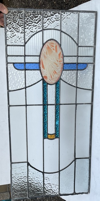 Centre panel of Art Deco original 3 panel leadlight in apricot and shades of blue, centre panel H 760 x W 355mm, 2 side panels H 450 x W 355mm each (LL387 FT) $685 set salvaged vintage recycled, demolition, reproduction, restoration, home renovation secondhand, used , original, old, reclaimed, heritage, antique, victorian, art nouveau edwardian georgian art deco