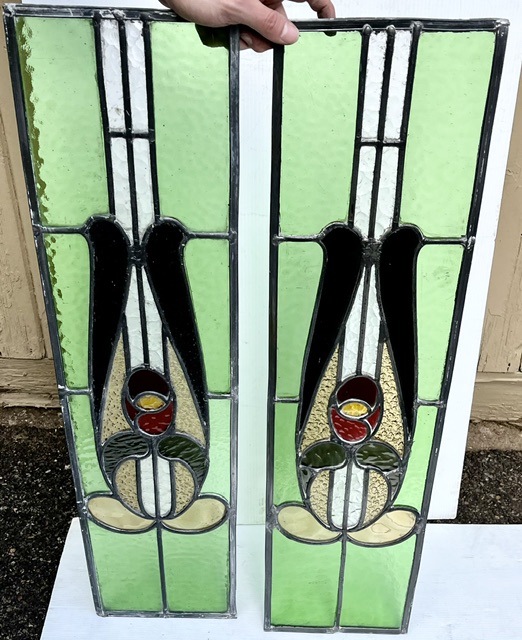 Art Nouveau restored leadlight, stylised red flowers with green and gold, each panel is H 815 x W 205mm (LL389 FT) $585 pair salvaged vintage recycled, demolition, reproduction, restoration, home renovation secondhand, used , original, old, reclaimed, heritage, antique, victorian, art nouveau edwardian georgian art deco