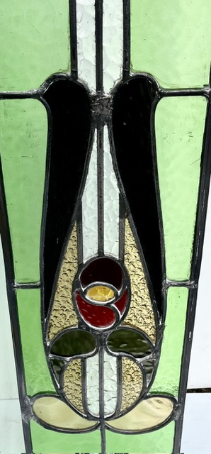Detail of Art Nouveau restored leadlight, stylised red flowers with green and gold, each panel is H 815 x W 205mm (LL389 FT) $585 pair salvaged vintage recycled, demolition, reproduction, restoration, home renovation secondhand, used , original, old, reclaimed, heritage, antique, victorian, art nouveau edwardian georgian art deco