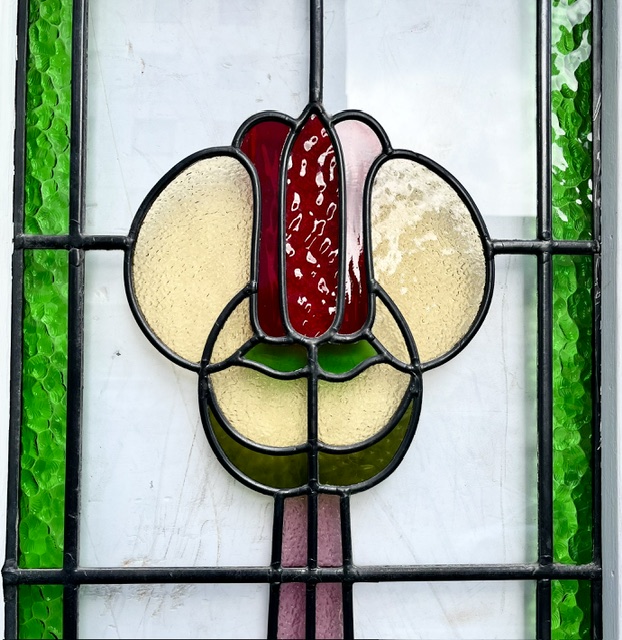 Detail of vintage Art Nouveau French doors, red, gold, green and pink leadlight, W 1135 x H 1985 x D 40mm (D372) $1750 pair salvaged vintage recycled, demolition, reproduction, restoration, home renovation secondhand, used , original, old, reclaimed, heritage, antique, victorian, art nouveau edwardian georgian art deco