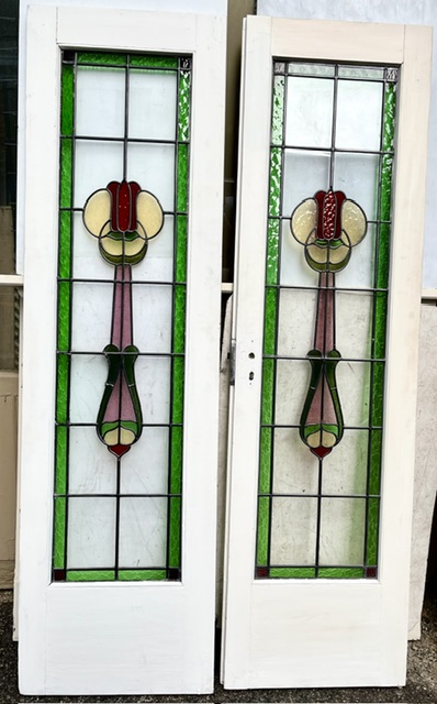Vintage Art Nouveau French doors, red, gold, green and pink leadlight, W 1135 x H 1985 x D 40mm (D372) $1750 pair salvaged vintage recycled, demolition, reproduction, restoration, home renovation secondhand, used , original, old, reclaimed, heritage, antique, victorian, art nouveau edwardian georgian art deco