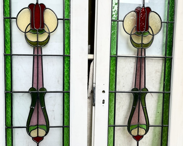 Detail of vintage Art Nouveau French doors, red, gold, green and pink leadlight, W 1135 x H 1985 x D 40mm (D372) $1750 pair salvaged vintage recycled, demolition, reproduction, restoration, home renovation secondhand, used , original, old, reclaimed, heritage, antique, victorian, art nouveau edwardian georgian art deco