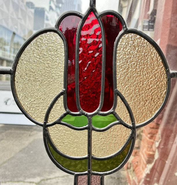 Detail of vintage Art Nouveau French doors, red, gold, green and pink leadlight, W 1135 x H 1985 x D 40mm (D372) $1750 pair salvaged vintage recycled, demolition, reproduction, restoration, home renovation secondhand, used , original, old, reclaimed, heritage, antique, victorian, art nouveau edwardian georgian art deco