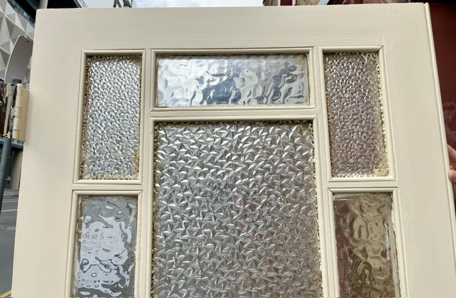 Detail of 1920s textured glass double internal timber doors, W 1605 x H 2010 x D 40mm (D373) $545 pair salvaged vintage recycled, demolition, reproduction, restoration, home renovation secondhand, used , original, old, reclaimed, heritage, antique, victorian, art nouveau edwardian georgian art deco