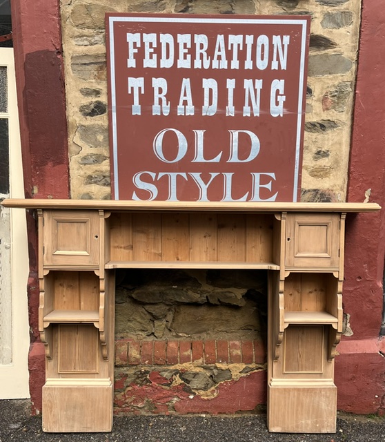 Turn of the century raw timber mantel, double shelf with cupboards and shelved legs, top shelf W 1795 x D 255mm, height 1215mm, outer leg 1526mm, opening H 870 x W 818mm (M339) $875 salvaged vintage recycled, demolition, reproduction, restoration, home renovation secondhand, used , original, old, reclaimed, heritage, antique, victorian, art nouveau edwardian georgian art deco