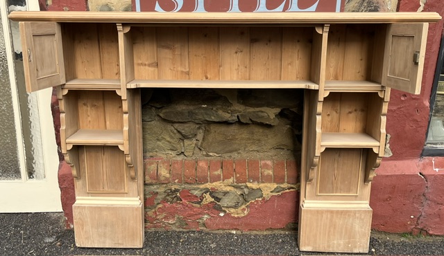View #2 of turn of the century raw timber mantel, double shelf with cupboards and shelved legs, top shelf W 1795 x D 255mm, height 1215mm, outer leg 1526mm, opening H 870 x W 818mm (M339) $875 salvaged vintage recycled, demolition, reproduction, restoration, home renovation secondhand, used , original, old, reclaimed, heritage, antique, victorian, art nouveau edwardian georgian art deco