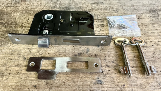 Chrome complete mortise lock set, unused, 1x available, 150mm H, 45mm offset (H765) $45 each salvaged vintage recycled, demolition, reproduction, restoration, home renovation secondhand, used , original, old, reclaimed, heritage, antique, victorian, art nouveau edwardian georgian art deco