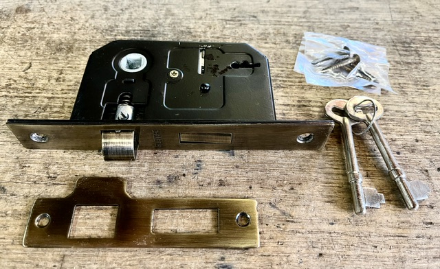 Antique brass complete mortise lock set, unused, 2x available, 150mm H, 45mm offset (H764) $45 each salvaged vintage recycled, demolition, reproduction, restoration, home renovation secondhand, used , original, old, reclaimed, heritage, antique, victorian, art nouveau edwardian georgian art deco