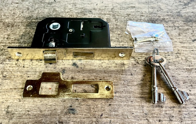 Polished brass complete mortise lock set, unused, 4 available, 150mm H, 45mm offset (H763) $45 each salvaged vintage recycled, demolition, reproduction, restoration, home renovation secondhand, used , original, old, reclaimed, heritage, antique, victorian, art nouveau edwardian georgian art deco