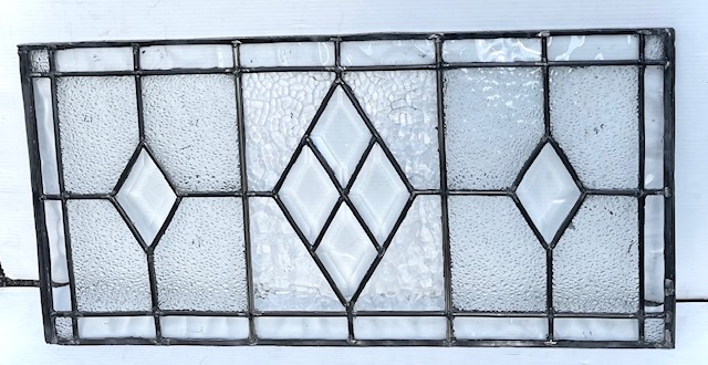 Textured geometric clear, textured and cut glass diamond leadlight panel, 715 x 365mm (LL385 FOZI) $385 salvaged vintage recycled, demolition, reproduction, restoration, home renovation secondhand, used , original, old, reclaimed, heritage, antique, victorian, art nouveau edwardian georgian art deco