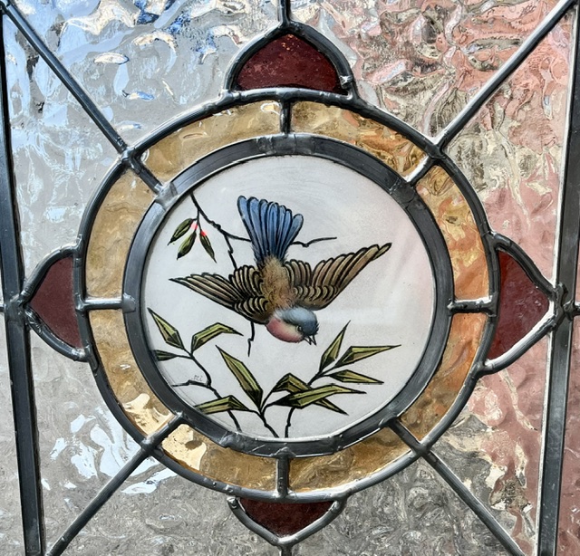 Detail of leadlight panel in red, gold and aqua colouring with central hand painted bird panel, W 625 x H 435 (LL384 FOZI) $520 salvaged vintage recycled, demolition, reproduction, restoration, home renovation secondhand, used , original, old, reclaimed, heritage, antique, victorian, art nouveau edwardian georgian art deco
