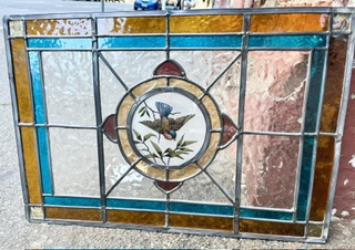 Leadlight panel in red, gold and aqua colouring with central hand painted bird panel, W 625 x H 435 (LL384 FOZI) $520 salvaged vintage recycled, demolition, reproduction, restoration, home renovation secondhand, used , original, old, reclaimed, heritage, antique, victorian, art nouveau edwardian georgian art deco