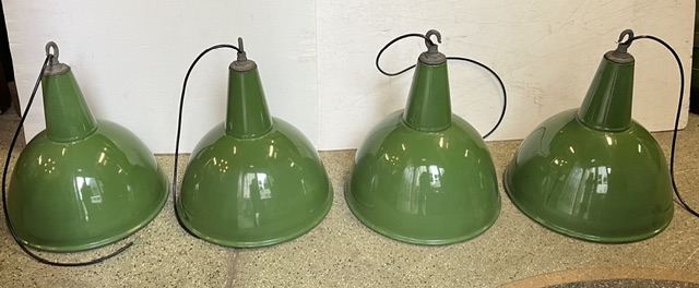 Large industrial enamelled metal lights, green exterior and white interior in great original condition, 500mm high, 430mm diam, 4 available (L462) $225 each salvaged vintage recycled, demolition, reproduction, restoration, home renovation secondhand, used , original, old, reclaimed, heritage, antique, victorian, art nouveau edwardian georgian art deco