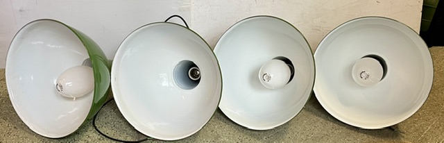 Large industrial enamelled metal lights, green exterior and white interior in great original condition, 500mm high, 430mm diam, 4 available (L462) $225 each salvaged vintage recycled, demolition, reproduction, restoration, home renovation secondhand, used , original, old, reclaimed, heritage, antique, victorian, art nouveau edwardian georgian art deco