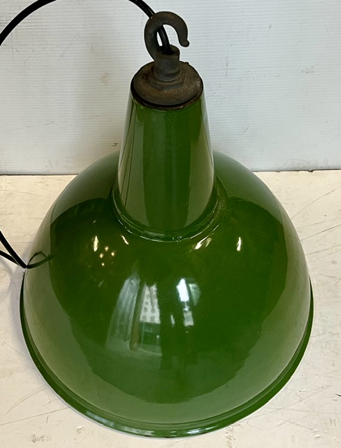 Large industrial enamelled metal lights, green exterior and white interior in great original condition, 500mm high, 430mm diam, 4 available (L462) $225 each salvaged vintage recycled, demolition, reproduction, restoration, home renovation secondhand, used , original, old, reclaimed, heritage, antique, victorian, art nouveau edwardian georgian art deco
