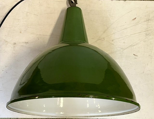 ON HOLD X14 Large industrial enamelled metal lights, green exterior and white interior in great original condition, 500mm high, 430mm diam, 4 available (L462) $225 each salvaged vintage recycled, demolition, reproduction, restoration, home renovation secondhand, used , original, old, reclaimed, heritage, antique, victorian, art nouveau edwardian georgian art deco