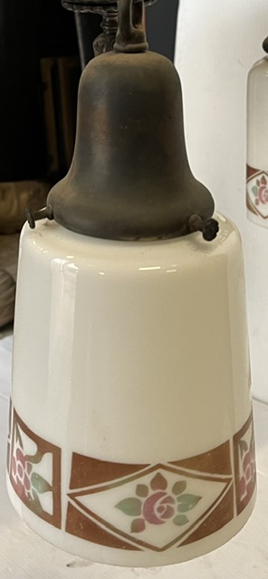 Detail of vintage three pendant light in Florentine bronze finish, white glass with stencil design. width 42cm x drop height 96cm, (L463) $245salvaged vintage recycled, demolition, reproduction, restoration, home renovation secondhand, used , original, old, reclaimed, heritage, antique, victorian, art nouveau edwardian georgian art deco