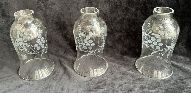 Etched vine and grape design hurricane lamp shades, 37 available, 160mm H x 92mm diam, opening 40mm (L464) $25 each salvaged vintage recycled, demolition, reproduction, restoration, home renovation secondhand, used , original, old, reclaimed, heritage, antique, victorian, art nouveau edwardian georgian art deco