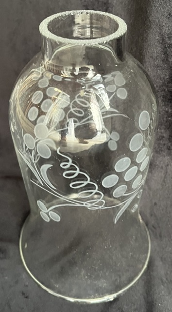 Etched vine and grape design hurricane lamp shades, 37 available, 160mm H x 92mm diam, opening 40mm (L464) $25 each salvaged vintage recycled, demolition, reproduction, restoration, home renovation secondhand, used , original, old, reclaimed, heritage, antique, victorian, art nouveau edwardian georgian art deco