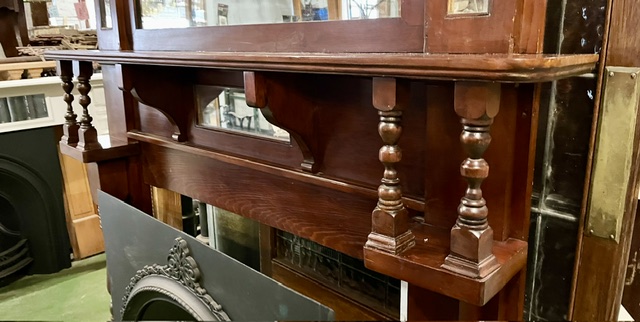 Mantel detail of Edwardian polished original timber mantel with matching overmantel mirror, canopy 1560 x 215mm, shelf 1600 x 350mm, height overall 2365mm, outer leg 1445mm, opening W 1050 x H 935mm (M340) $1200 salvaged vintage recycled, demolition, reproduction, restoration, home renovation secondhand, used , original, old, reclaimed, heritage, antique, victorian, art nouveau edwardian georgian art deco