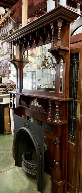View #2 of Edwardian polished original timber mantel with matching overmantel mirror, canopy 1560 x 215mm, shelf 1600 x 350mm, height overall 2365mm, outer leg 1445mm, opening W 1050 x H 935mm (M340) $1200 salvaged vintage recycled, demolition, reproduction, restoration, home renovation secondhand, used , original, old, reclaimed, heritage, antique, victorian, art nouveau edwardian georgian art deco