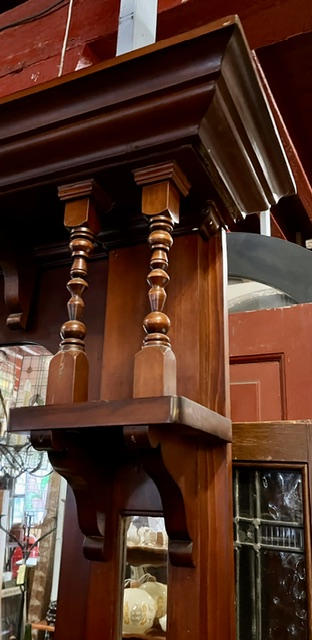 Overmantel detail of Edwardian polished original timber mantel with matching overmantel mirror, canopy 1560 x 215mm, shelf 1600 x 350mm, height overall 2365mm, outer leg 1445mm, opening W 1050 x H 935mm (M340) $1200 salvaged vintage recycled, demolition, reproduction, restoration, home renovation secondhand, used , original, old, reclaimed, heritage, antique, victorian, art nouveau edwardian georgian art deco