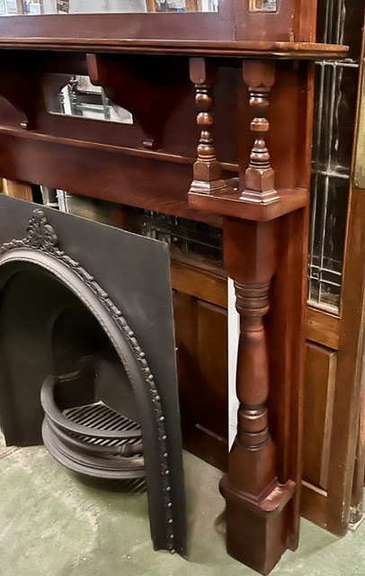 Mantel detail of Edwardian polished original timber mantel with matching overmantel mirror, canopy 1560 x 215mm, shelf 1600 x 350mm, height overall 2365mm, outer leg 1445mm, opening W 1050 x H 935mm (M340) $1200 salvaged vintage recycled, demolition, reproduction, restoration, home renovation secondhand, used , original, old, reclaimed, heritage, antique, victorian, art nouveau edwardian georgian art deco