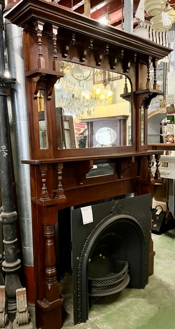Edwardian polished original timber mantel with matching overmantel mirror, canopy 1560 x 215mm, shelf 1600 x 350mm, height overall 2365mm, outer leg 1445mm, opening W 1050 x H 935mm (M340) $1200 salvaged vintage recycled, demolition, reproduction, restoration, home renovation secondhand, used , original, old, reclaimed, heritage, antique, victorian, art nouveau edwardian georgian art deco