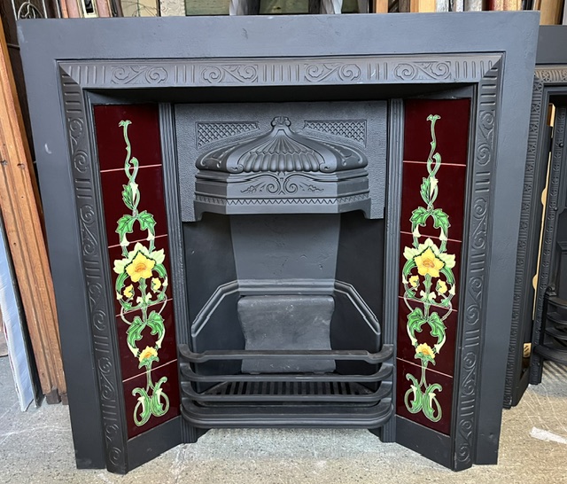 Austral cast iron original fire insert with Victorian hood, fully restored by Feds, 965 x 965 with new continuous reproduction burgundy tiles (F437) $995 salvaged vintage recycled, demolition, reproduction, restoration, home renovation secondhand, used , original, old, reclaimed, heritage, antique, victorian, art nouveau edwardian georgian art deco