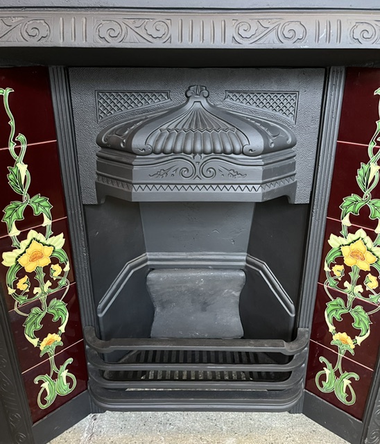 Detail of Austral cast iron original fire insert with Victorian hood, fully restored by Feds, 965 x 965 with new continuous reproduction burgundy tiles (F437) $995 salvaged vintage recycled, demolition, reproduction, restoration, home renovation secondhand, used , original, old, reclaimed, heritage, antique, victorian, art nouveau edwardian georgian art deco