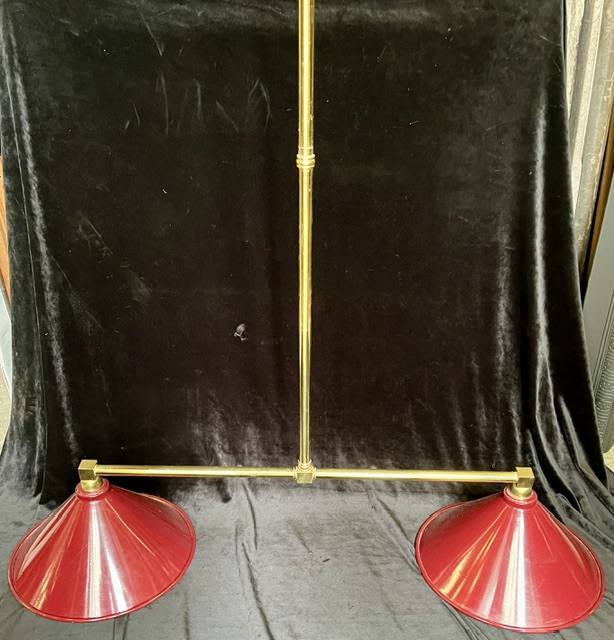 2 arm tall brass light with red enamelled metal shades, shade diam 33cm, total drop 1220mm x width 770mm (L471) $345 salvaged vintage recycled, demolition, reproduction, restoration, home renovation secondhand, used , original, old, reclaimed, heritage, antique, victorian, art nouveau edwardian georgian art deco