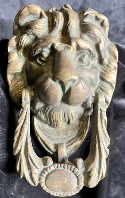 Lion solid brass front door knocker 19cm H x 5cm projection (H769) $125 salvaged vintage recycled, demolition, reproduction, restoration, home renovation secondhand, used , original, old, reclaimed, heritage, antique, victorian, art nouveau edwardian georgian art deco