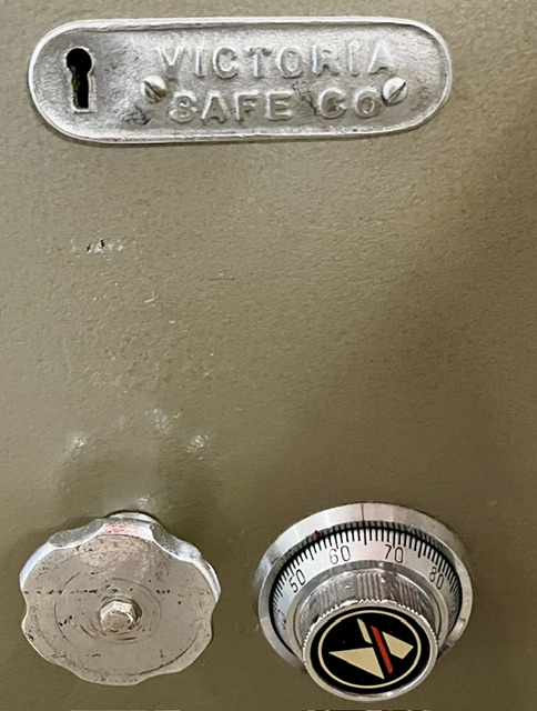 Detail of Victoria Safe Company safe in working order with combination and key, exterior dimensions H 910 x W 610 x D 610mm, interior dimensions H 720 x W 450 x D 450mm (RR303) $660 salvaged vintage recycled, demolition, reproduction, restoration, home renovation secondhand, used , original, old, reclaimed, heritage, antique, victorian, art nouveau edwardian georgian art deco