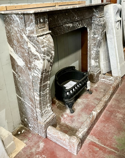 French style marble mantel with ornate carved legs and breast plate in red, grey and white marbling, top shelf 1550 x 400mm, height 1190mm, outer leg 1380mm, opening H 920 x W 900mm with matching marble fire curb W 1380 x H 100 x D 335mm (M344) $7,500 salvaged vintage recycled, demolition, reproduction, restoration, home renovation secondhand, used , original, old, reclaimed, heritage, antique, victorian, art nouveau edwardian georgian art deco