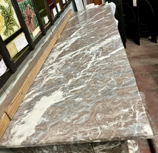 Top detail of French style marble mantel with ornate carved legs and breast plate in red, grey and white marbling, top shelf 1550 x 400mm, height 1190mm, outer leg 1380mm, opening H 920 x W 900mm with matching marble fire curb W 1380 x H 100 x D 335mm (M344) $7,500 salvaged vintage recycled, demolition, reproduction, restoration, home renovation secondhand, used , original, old, reclaimed, heritage, antique, victorian, art nouveau edwardian georgian art deco