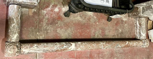 Fire curb detail of French style marble mantel with ornate carved legs and breast plate in red, grey and white marbling, top shelf 1550 x 400mm, height 1190mm, outer leg 1380mm, opening H 920 x W 900mm with matching marble fire curb W 1380 x H 100 x D 335mm (M344) $5,500 salvaged vintage recycled, demolition, reproduction, restoration, home renovation secondhand, used , original, old, reclaimed, heritage, antique, victorian, art nouveau edwardian georgian art deco