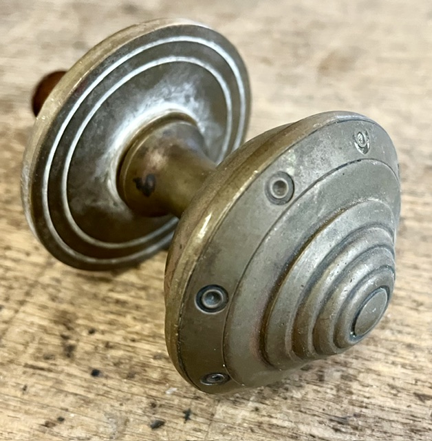 View #2 of front door brass centre pull handle, 70mm diam x70mm projection (H772) $125 salvaged vintage recycled, demolition, reproduction, restoration, home renovation secondhand, used , original, old, reclaimed, heritage, antique, victorian, art nouveau edwardian georgian art deco