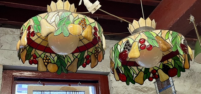 View #3 of classic fruit motif leadlight pendant lights with a crown style top featuring pears, apples, grapes, oranges and foliage. Each light is 370mm diam x 520mm high (L475 and L476) $545 each salvaged vintage recycled, demolition, reproduction, restoration, home renovation secondhand, used , original, old, reclaimed, heritage, antique, victorian, art nouveau edwardian georgian art deco