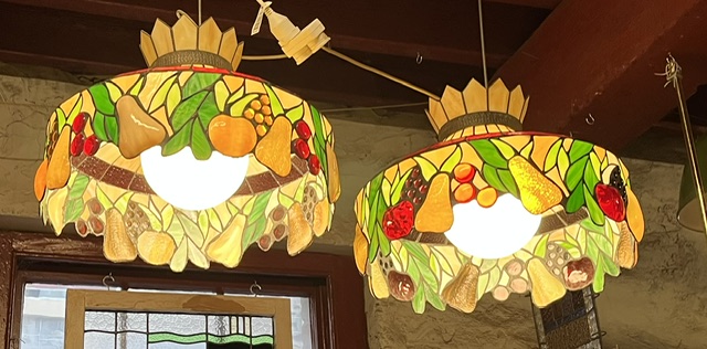 View #2 of classic fruit motif leadlight pendant lights with a crown style top featuring pears, apples, grapes, oranges and foliage. Each light is 370mm diam x 520mm high (L475 and L476) $545 each salvaged vintage recycled, demolition, reproduction, restoration, home renovation secondhand, used , original, old, reclaimed, heritage, antique, victorian, art nouveau edwardian georgian art deco