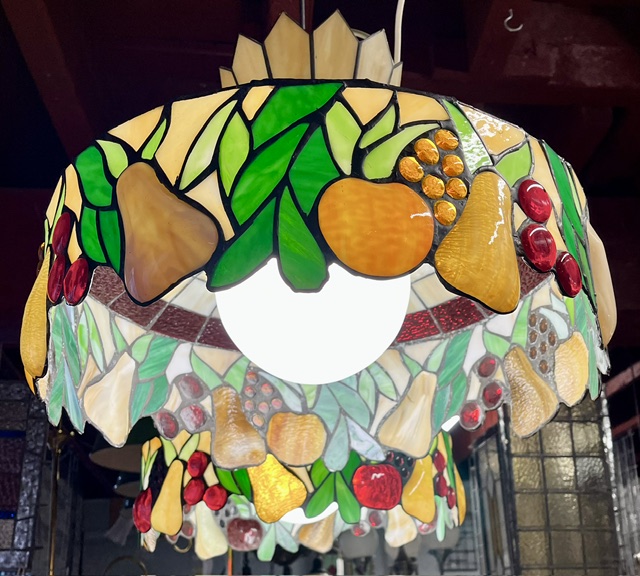 Detail of classic fruit motif leadlight pendant lights with a crown style top featuring pears, apples, grapes, oranges and foliage. Each light is 370mm diam x 520mm high (L475 and L476) $545 each salvaged vintage recycled, demolition, reproduction, restoration, home renovation secondhand, used , original, old, reclaimed, heritage, antique, victorian, art nouveau edwardian georgian art deco